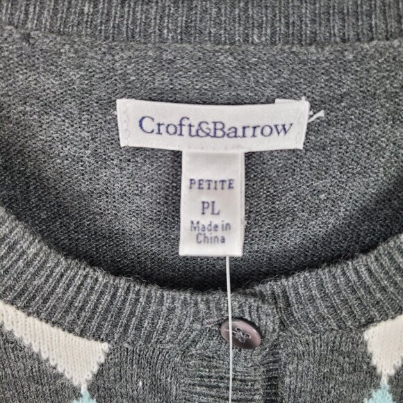 New Croft Barrow Cardigan Sweater size Large Petite Argyle Blue Gray Button Up - Picture 6 of 7